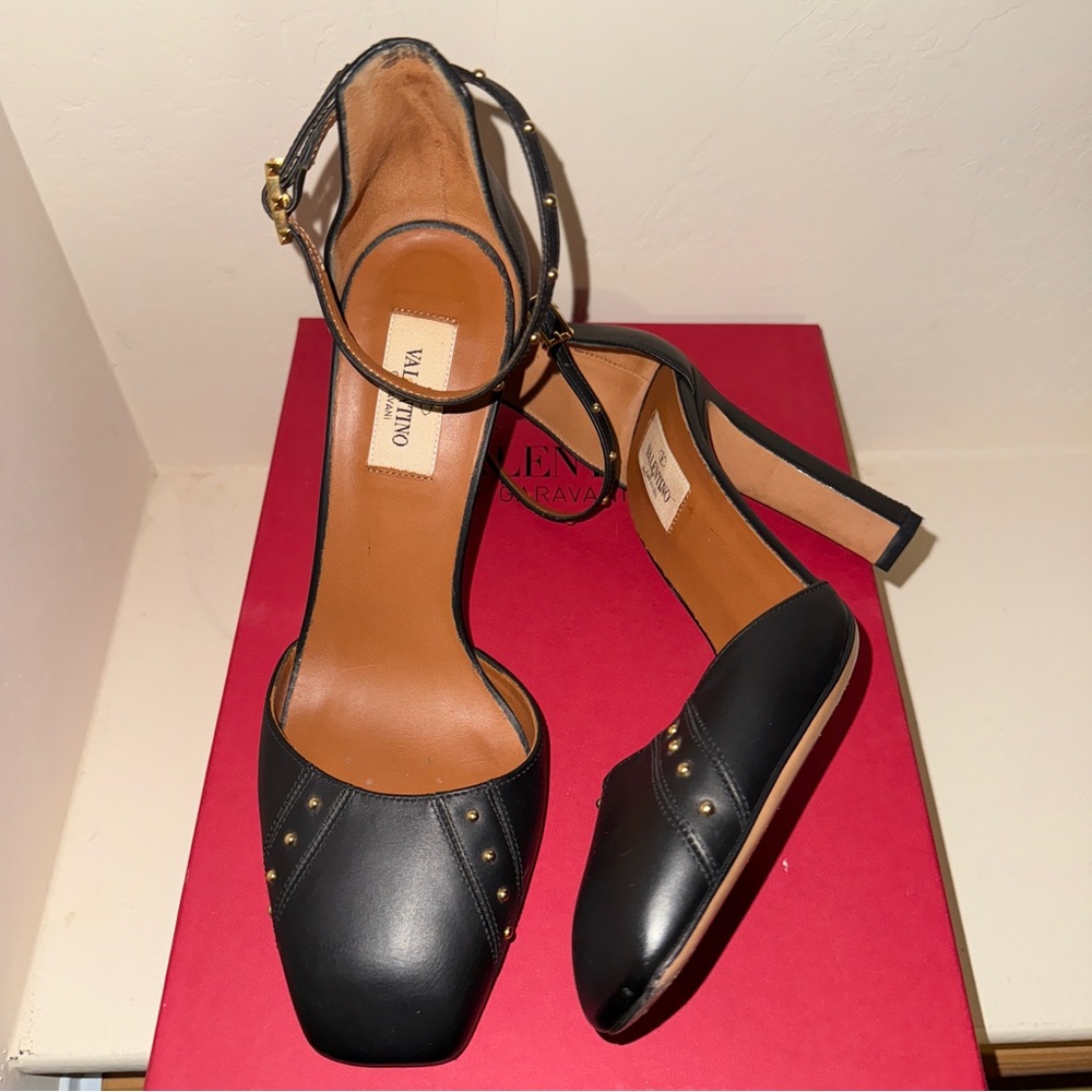 Valentino Black Leather Studded Ankle Strap Square Toe Women's Mary Jane Heels